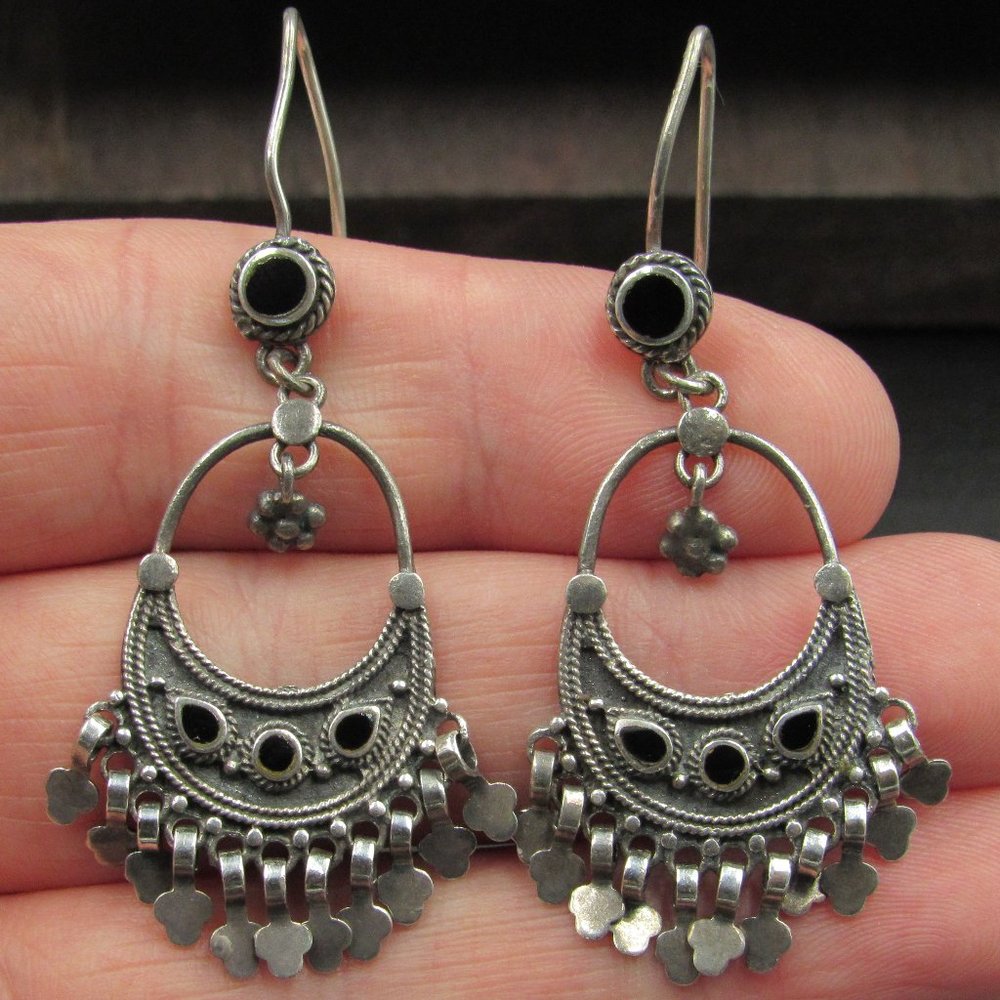 Sterling Silver Large Rustic Black Inlay Earrings